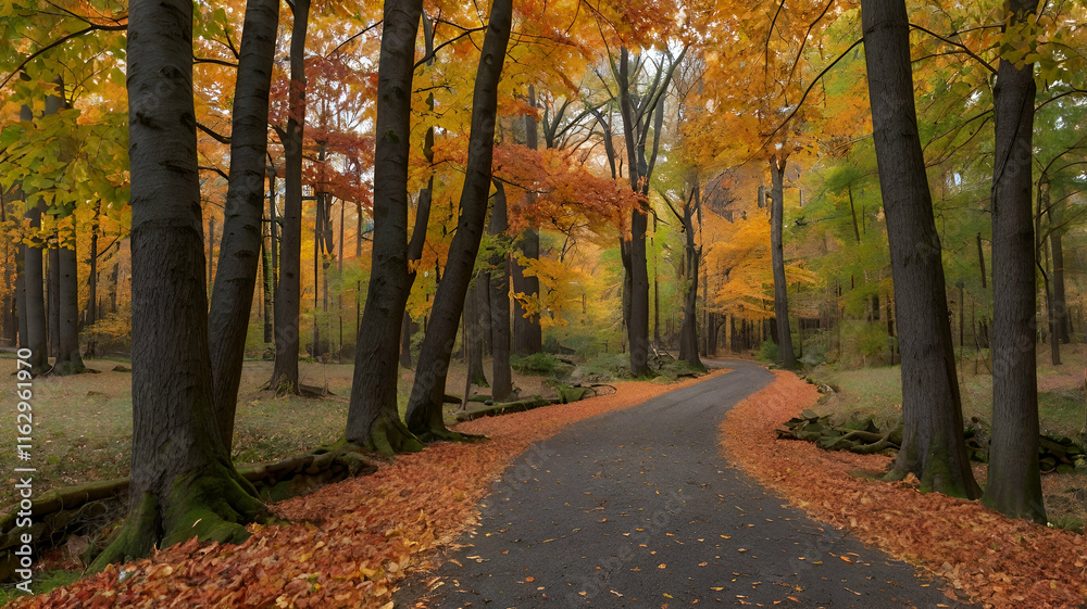 A quiet forest path lined with vibrant autumn trees and scattered leaves on the ground.
A quiet forest path lined with vibrant autumn trees and scattered leaves on the ground.