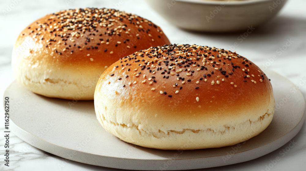 Two seeded bread rolls are placed on a round plate on a marble surface. Concept: Fresh bakery, appetizing bread, breakfast. Two seeded bread rolls are placed on a round plate on a marble surface. Concept: Fresh bakery, appetizing bread, breakfast.