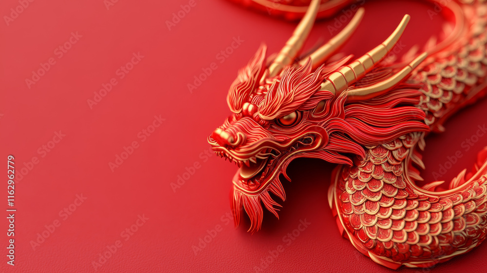 Naklejka premium Intricate red dragon sculpture on vibrant red background, symbolizing prosperity
