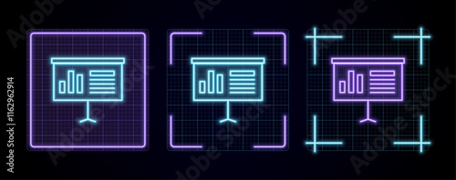 Presentation icon illustration, cyber neon visual, glowing border grid vector.