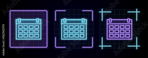 Calendar icon illustration, cyber neon visual, glowing border grid vector.