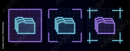 Files folders icon illustration, cyber neon visual, glowing border grid vector.