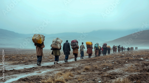 refugees walking through a barren landscape, carrying belongings and searching for shelter