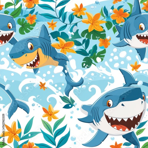 Adorable cartoon shark pattern  fun and playful design for kids and ocean lovers