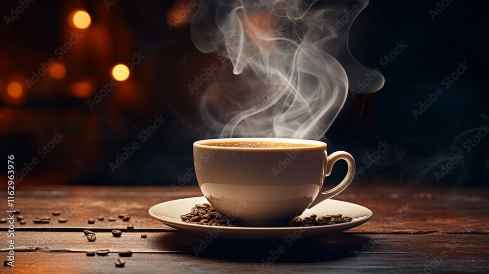 A warm cup of coffee sits on a rustic wooden table, releasing steam into the air. Coffee beans are scattered nearby, creating a cozy atmosphere enhanced by soft, ambient light A warm cup of coffee sits on a rustic wooden table, releasing steam into the air. Coffee beans are scattered nearby, creating a cozy atmosphere enhanced by soft, ambient light