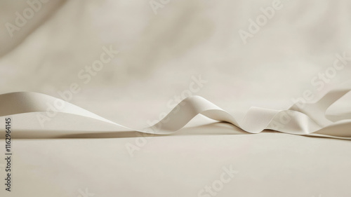 A white ribbon elegantly laid out on a light background, showcasing its smooth texture and delicate appearance, creating a minimalist and refined aesthetic.