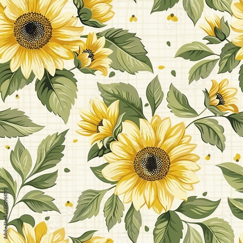 Vintage inspired seamless pattern featuring sunflowers and detailed close up leaves design