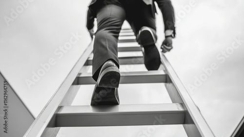 A businessman ascends a ladder with diligence, representing the importance of workplace safety.