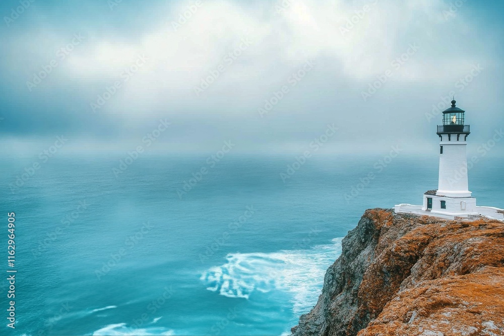 Lighthouse overlooking the ocean during clear skies in a coastal landscape Lighthouse overlooking the ocean during clear skies in a coastal landscape