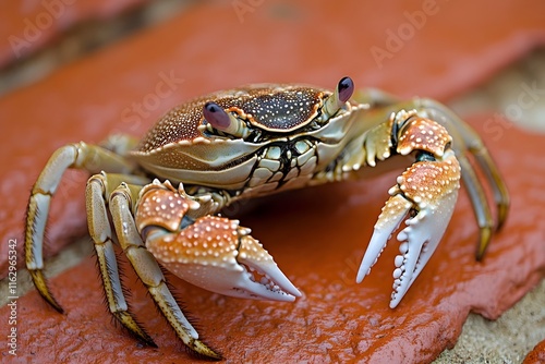 Crab Scuttling on Brick Red Background with Detailed Textures and Closeup View