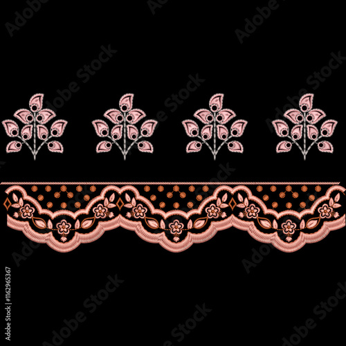 Isolated colorful seamless embroidery border laces designs for digital and textile print on fabric.