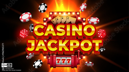Vegas lucky casino jackpot 3d editable vector text style effect with casino poker cards, slot machine, dice and casino chips
