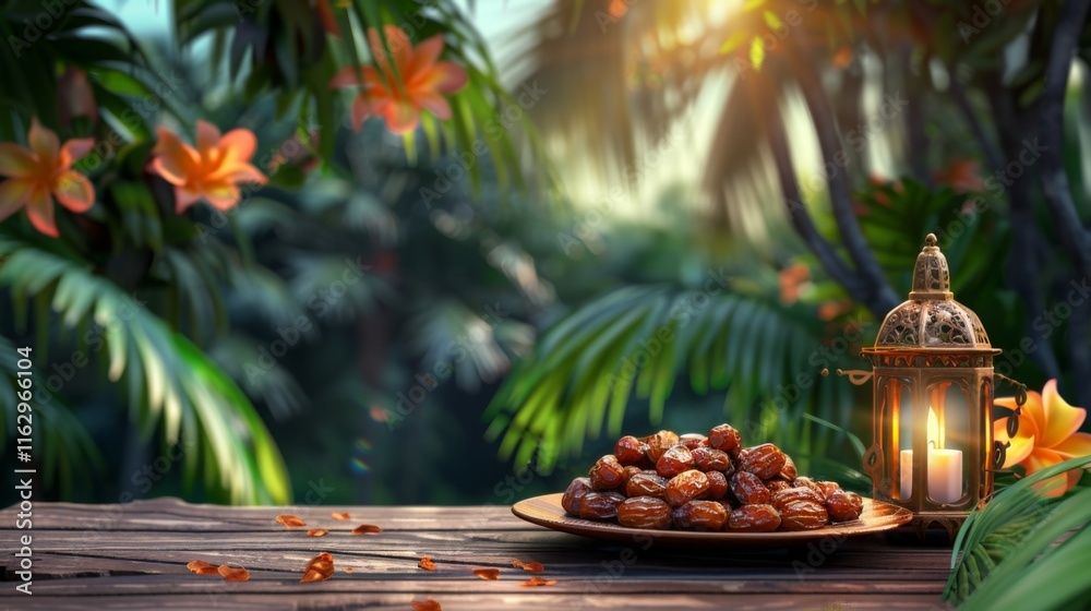 concept Ramadan Kareem with plate of dates Iftari and ancient Arabic lantern on a vector wooden background and flower concept Ramadan Kareem with plate of dates Iftari and ancient Arabic lantern on a vector wooden background and flower