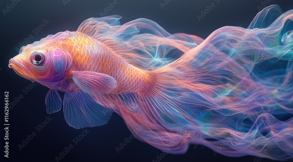 Dreamlike iridescent goldfish with flowing, ethereal tail fin. Dreamlike iridescent goldfish with flowing, ethereal tail fin.