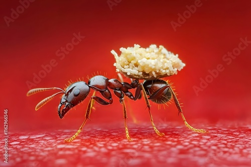 Ant Carrying Food on Vibrant Crimson Red Background photo