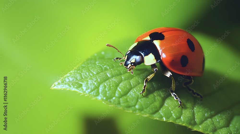 Vibrant Ladybug Perched on a Lush Green Leaf with Nature Backdrop Vibrant Ladybug Perched on a Lush Green Leaf with Nature Backdrop