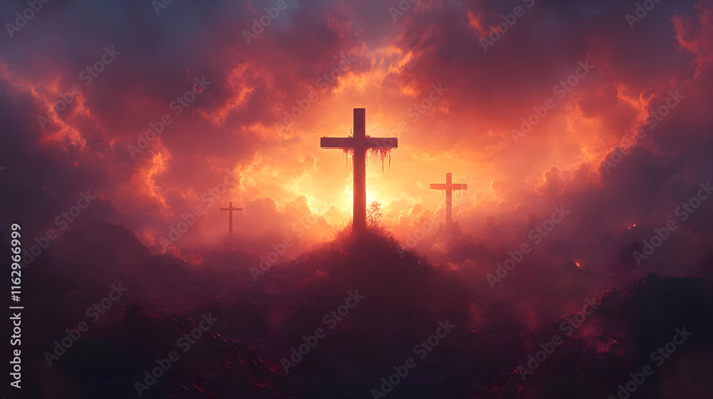 Fototapeta premium Holy Cross on Golgotha Hill with Divine Light and Clouds - Generative AI