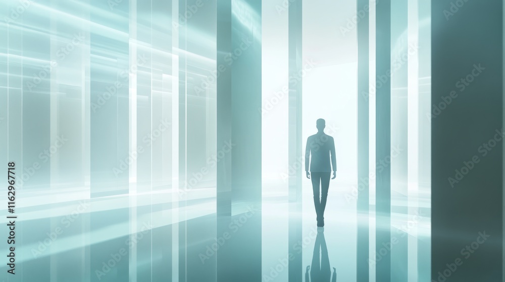 A lone figure in a reflective, ethereal space. A lone figure in a reflective, ethereal space.