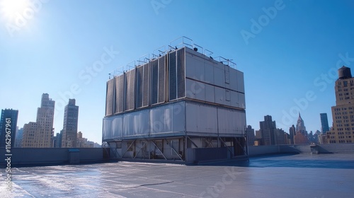 Rooftop industrial cooling tower system against city skyline. photo