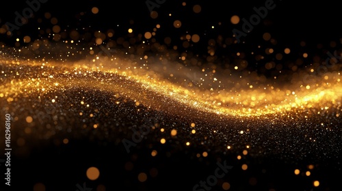 Sparkling golden particles creating a magical wave effect in a dark background