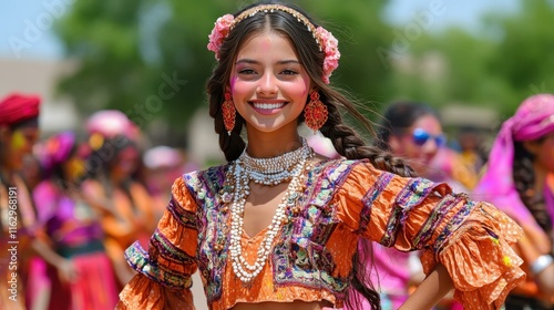 Vibrant Holi festival colors performers entertaining onlookers photo