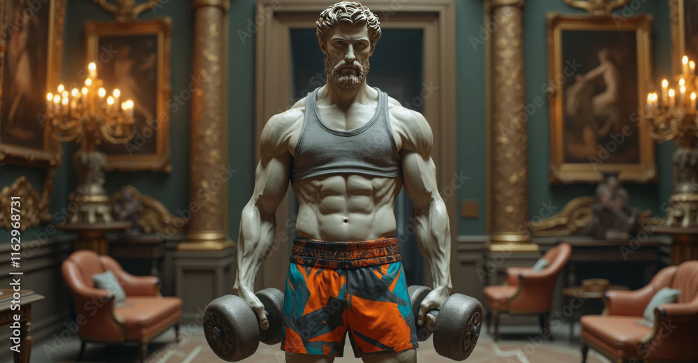 Fototapeta premium Statue of a Greek-inspired muscular figure lifting dumbbells in an ornate room with classical decor, blending fitness and fine art. Suitable for luxury gym branding, art exhibits, or creative marketin