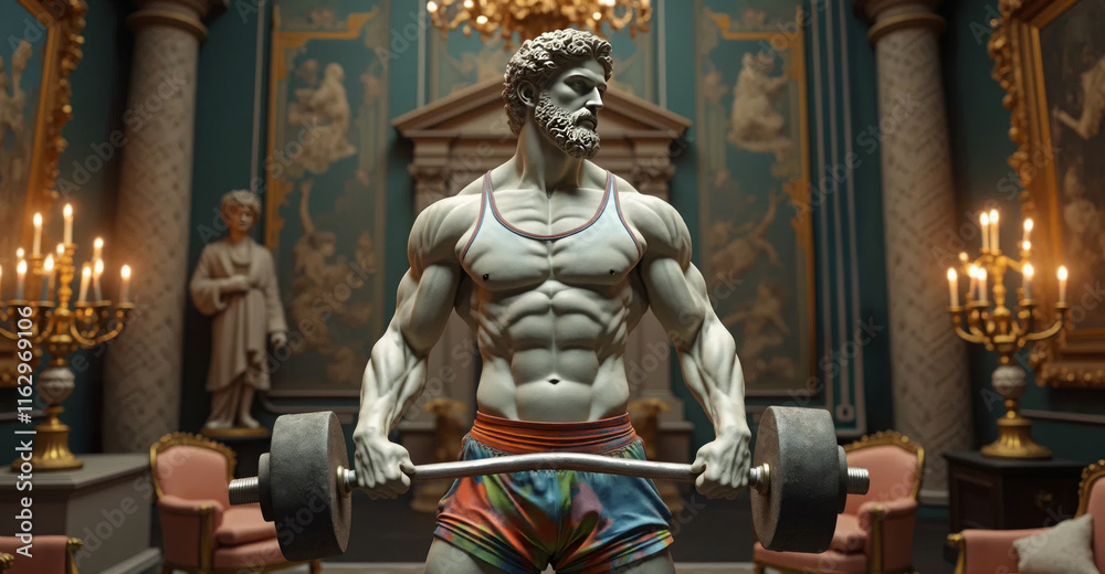 Fototapeta premium Statue of a muscular figure lifting a barbell in a luxurious classical interior with ornate decor, blending fitness with artistic elegance. Ideal for fitness branding, luxury campaigns, or creative ma