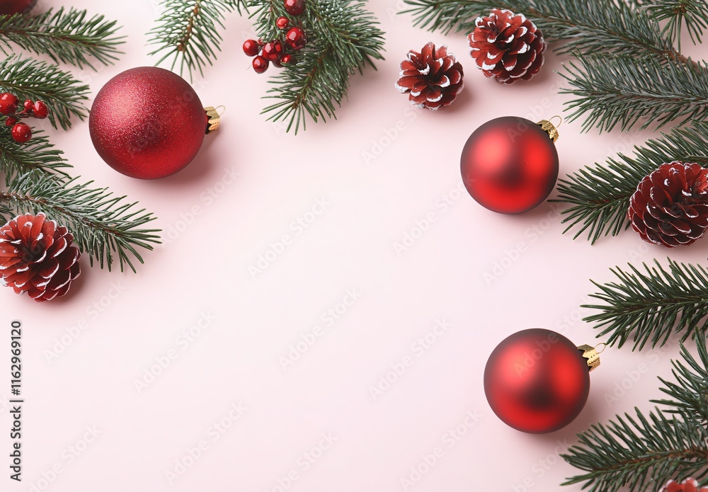 Festive Christmas Background: Red Ornaments, Pine Branches, and Pinecones on Pink Festive Christmas Background: Red Ornaments, Pine Branches, and Pinecones on Pink