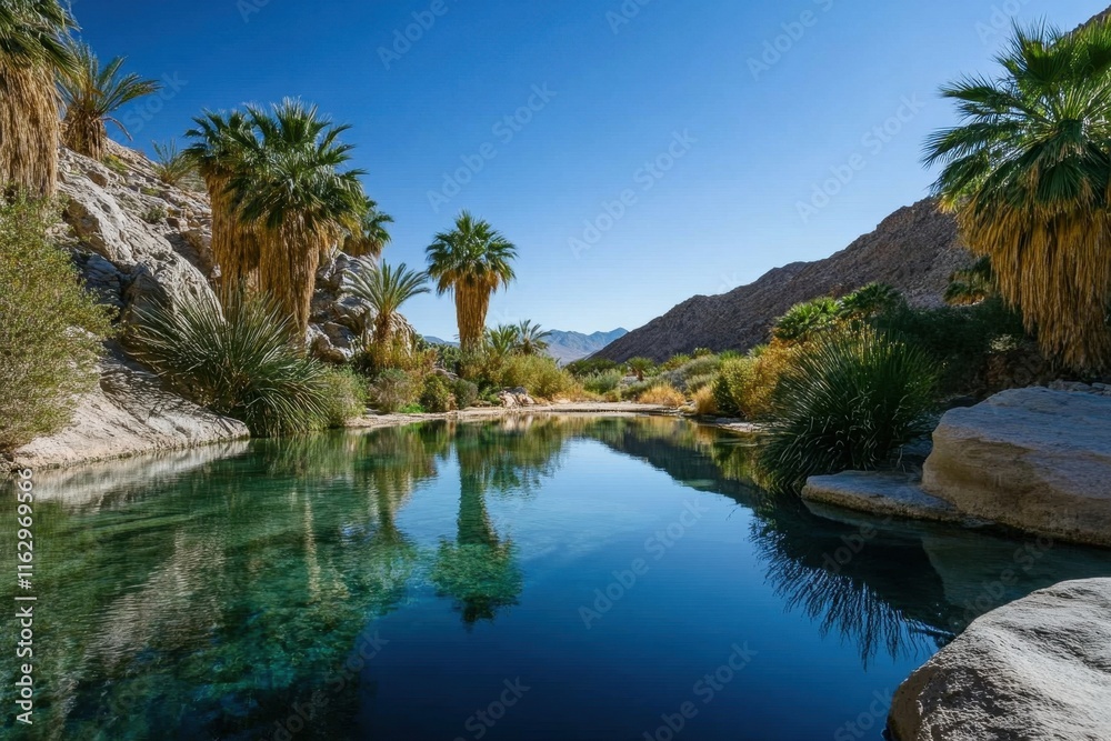 Obraz premium Stunning oasis with clear turquoise water surrounded by palm trees and mountains in a desert landscape during daylight