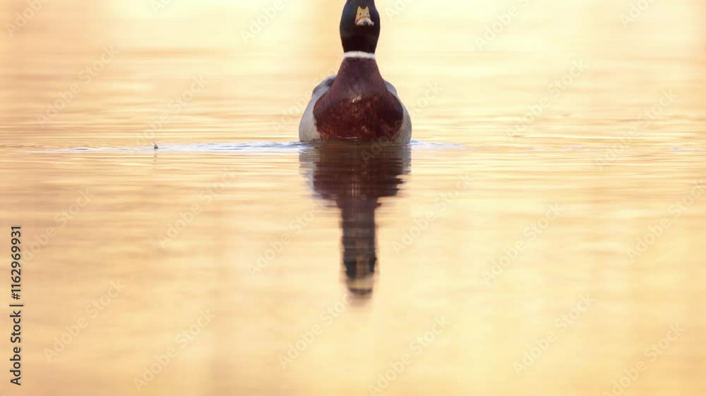 vidéo avec un magnifique canard colvert sauvage en plein cadre tout en nageant sur l'eau sublimée par une très belle lumière hivernale