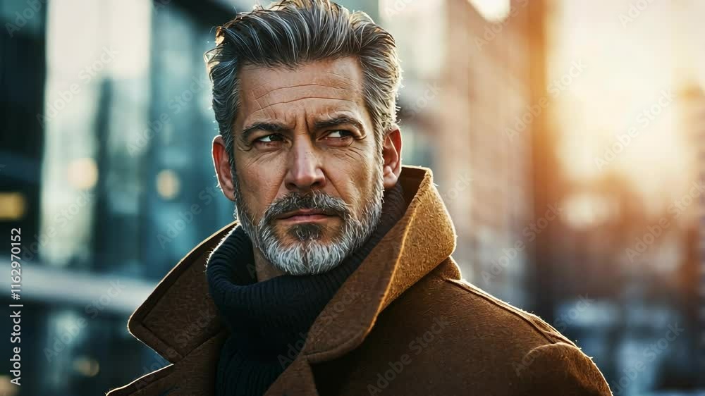 Man with gray hair and beard wearing a brown coat looks confidently ...