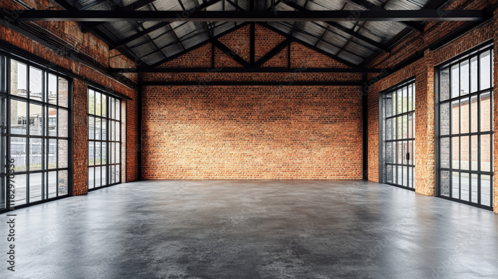 Spacious industrial loft interior with red brick walls, large windows, and concrete floor, modern architectural design.