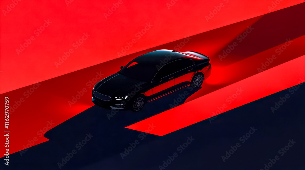 Fototapeta premium Black car speeding through red light intersection, minimalist style
