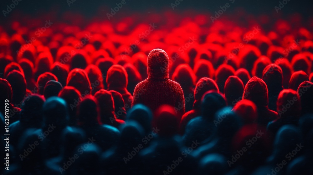Obraz premium Silhouetted crowd in a concert illuminated by red lights