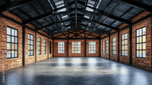 Fototapeta Naklejka Na Ścianę i Meble -  Spacious Industrial Loft Interior with Brick Walls, Large Windows, Exposed Beams, and Natural Light