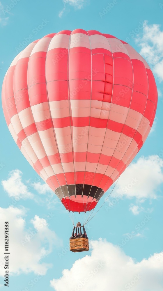 Fototapeta premium Red and white striped hot air balloon floating in blue sky with fluffy clouds, perfect for travel, adventure, outdoor event, summer vacation, leisure activity, scenic landscape, sky exploration light