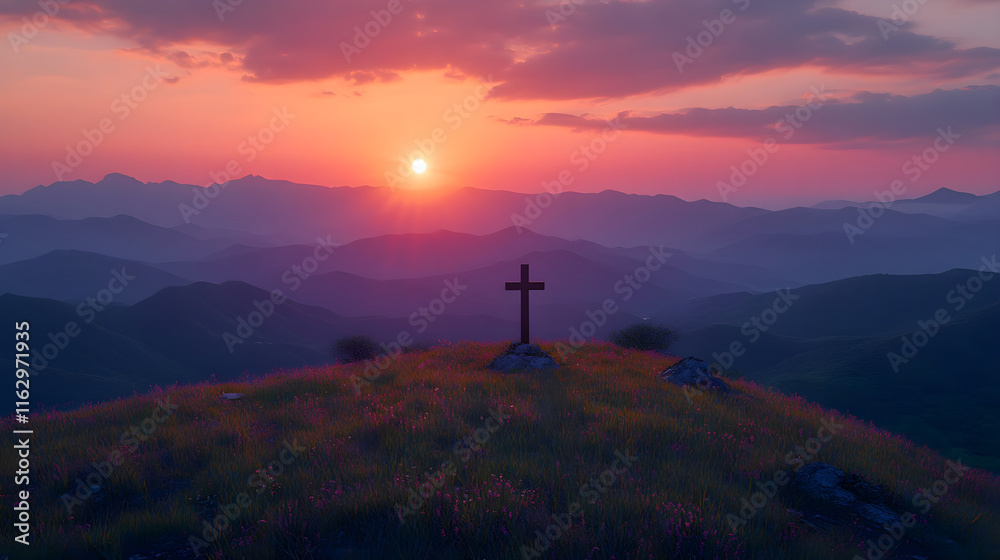 Silhouette of a Cross on a Hill at Sunset during Holy Week - Generative AI Silhouette of a Cross on a Hill at Sunset during Holy Week - Generative AI
