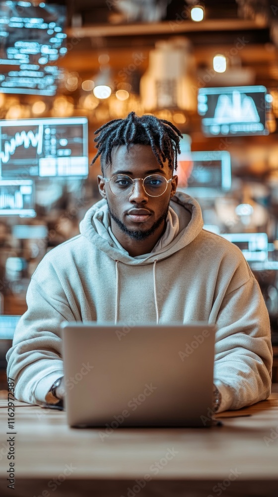 Black neuromarketing expert technologist working in a modern workspace with data visualization and technology around Black neuromarketing expert technologist working in a modern workspace with data visualization and technology around