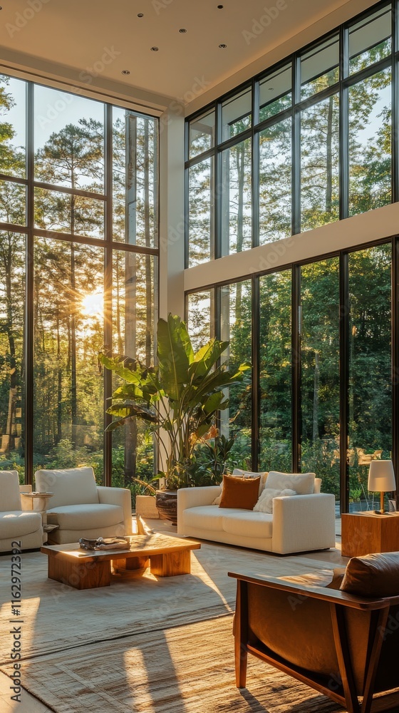 Modern living room featuring large windows and stylish furniture in a sunlit space