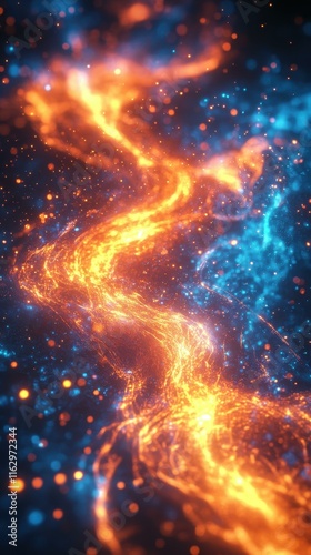 Squarespace designer Ai singularity Latent space nft Alightmotion Simulated reality Unreal engine developer Motion array MLflow Blender Market Glowing orange and blue abstract light flow with particl