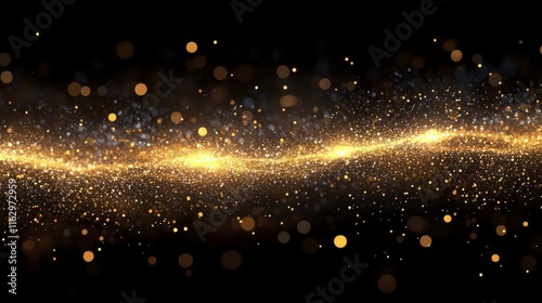 Sparkling golden particles creating a magical wave effect in a dark background