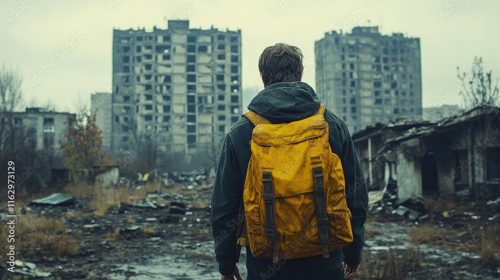 Desolate figure surveys abandoned cityscape shrouded in mist at dusk Desolate figure surveys abandoned cityscape shrouded in mist at dusk