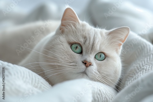 A serene white cat with striking green eyes rests comfortably among fluffy blankets, showcasing its beauty and calmness. photo