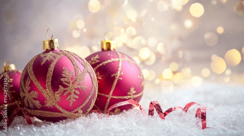 Fototapeta premium Beautiful Christmas ornaments on snow background.