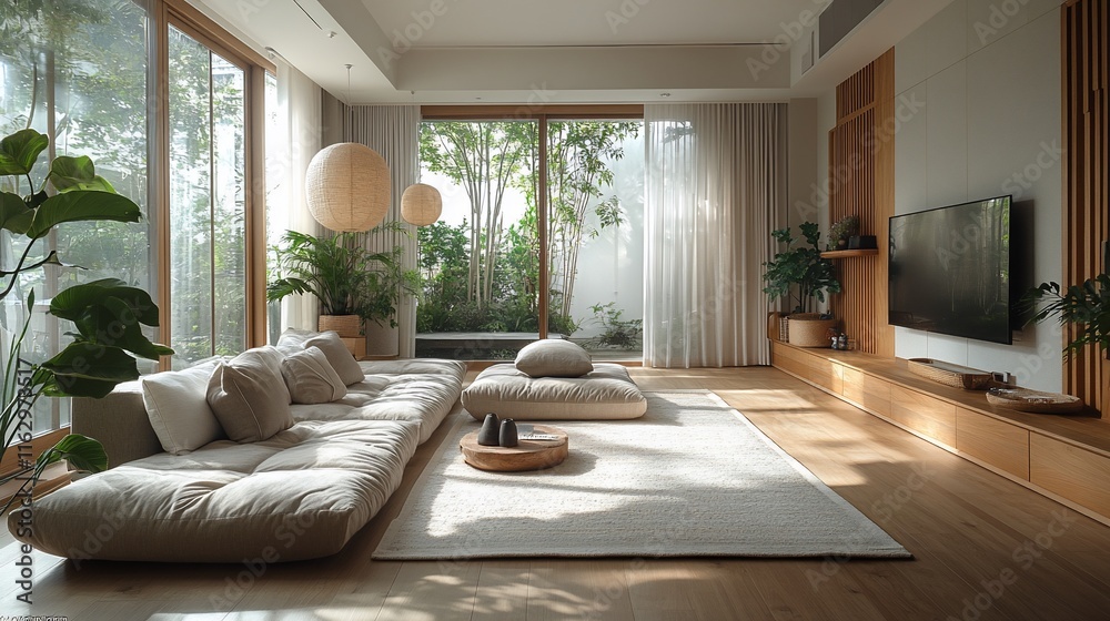Fototapeta premium Serene Minimalist Living Room With Garden View
