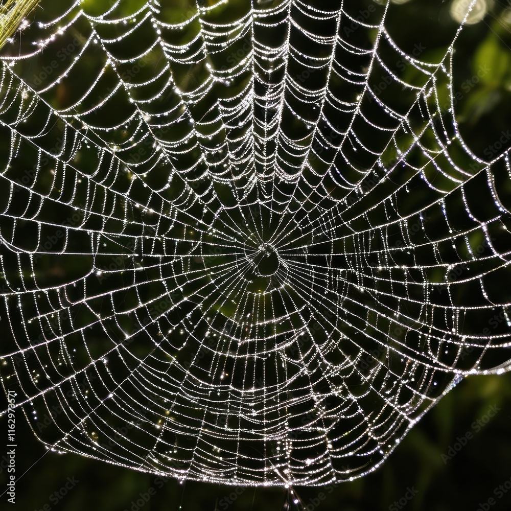 Obraz premium A dew-laden spiderweb shimmers in the darkness capturing the intricate beauty of nature's delicate artistry.