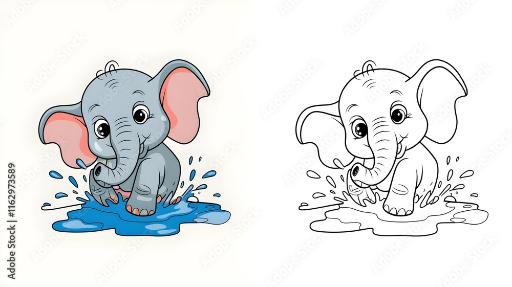 Obraz premium Adorable Baby Elephant Playing in Water – Cartoon Illustration and Coloring Page