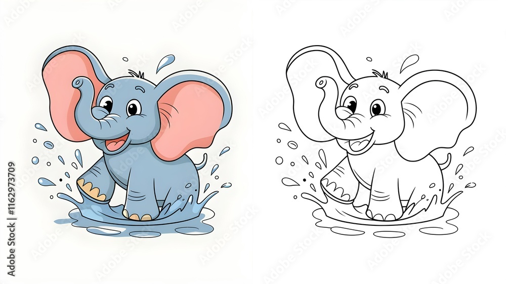 Obraz premium Adorable Baby Elephant Playing in Water – Cartoon Illustration and Coloring Page