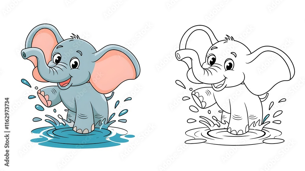 Fototapeta premium Adorable Baby Elephant Playing in Water – Cartoon Illustration and Coloring Page