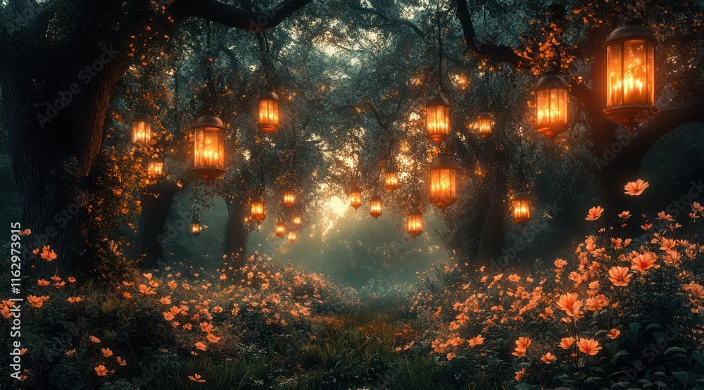 Magical forest path with glowing lanterns and flowers at sunset. Magical forest path with glowing lanterns and flowers at sunset.